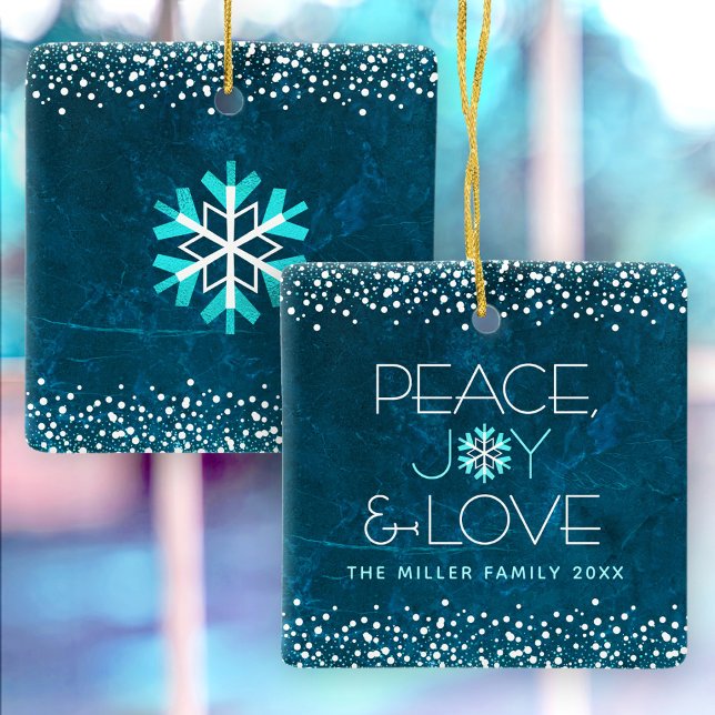 Blue Snowflake Peace Joy Love Custom Name Modern Ceramic Ornament (Creator Uploaded)