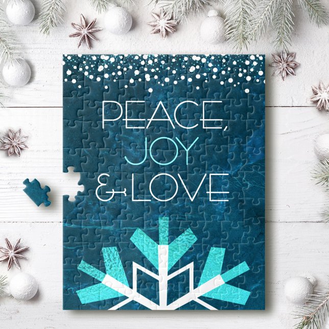 Blue Snowflake Peace Joy Love Modern Typography Jigsaw Puzzle (Creator Uploaded)
