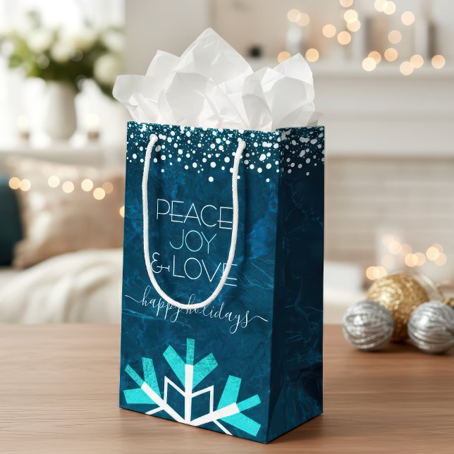 Blue Snowflake Peace Joy Love Typography Modern Small Gift Bag (Creator Uploaded)