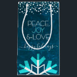 Blue Snowflake Peace Joy Love Typography Modern Small Gift Bag<br><div class="desc">“Peace, joy & love.” A giant, fun, playful, white and turquoise snowflake illustration and modern typography on a rich, deep teal blue marble watercolor background help you usher in the holiday season. A white and turquoise confetti dot border frames the top. Feel the warmth and joy of the holidays whenever...</div>
