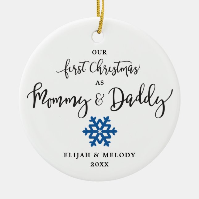 Blue Snowflake Personalised Mum and Dad Christmas Ceramic Ornament (Front)