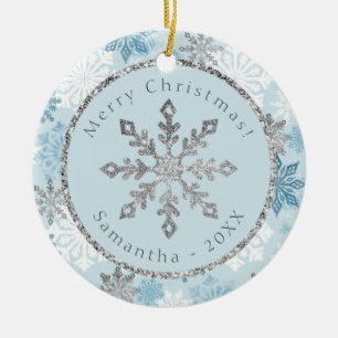 Blue Snowflake Personalised Name Date Ceramic Ornament