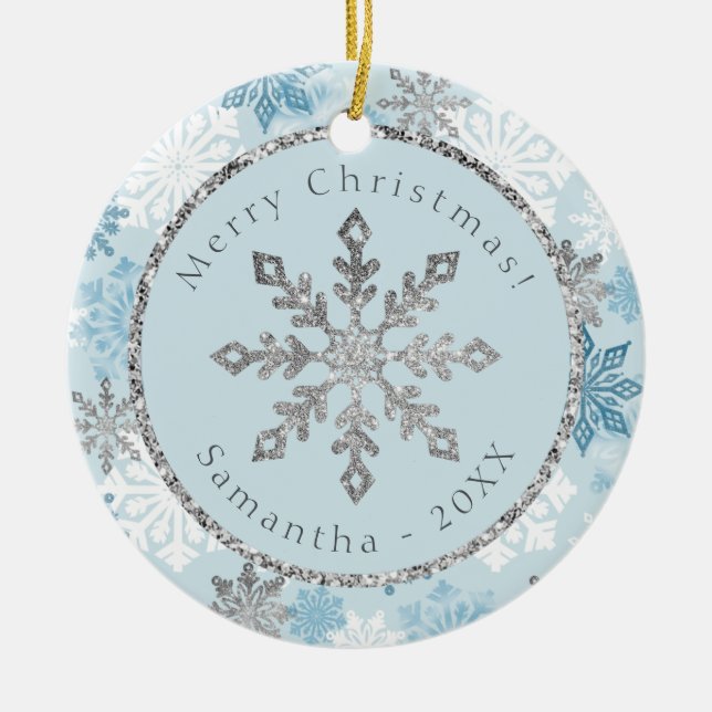 Blue Snowflake Personalised Name Date Ceramic Ornament (Front)