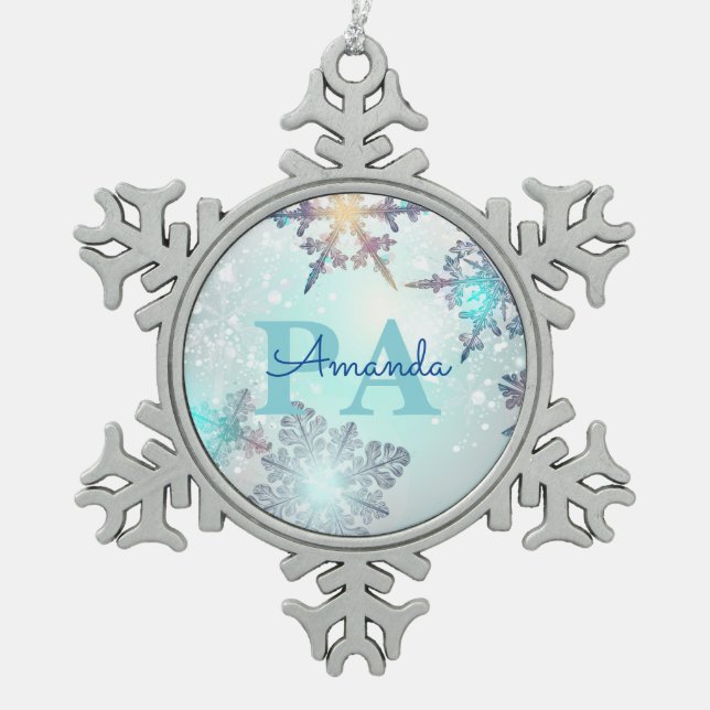 Blue Snowflake Personalized Name PA Pewter Christmas Ornament (Front)