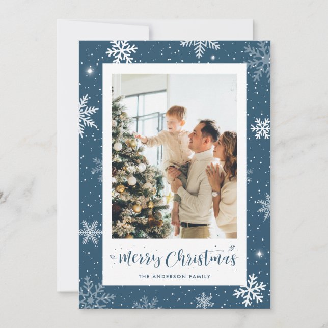 Blue Snowflake Photo Christmas Card (Front)