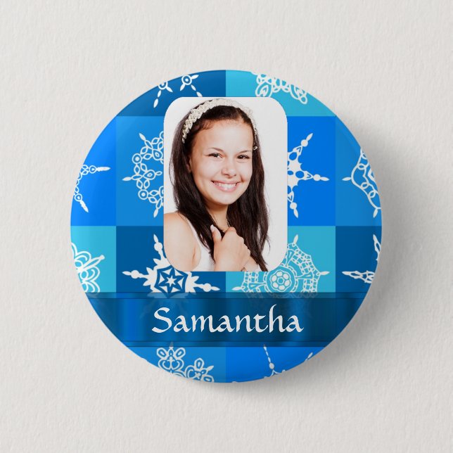 Blue snowflake photo template 6 cm round badge (Front)