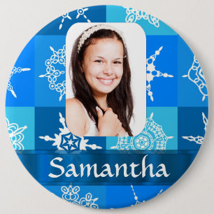 Blue snowflake photo template 6 cm round badge