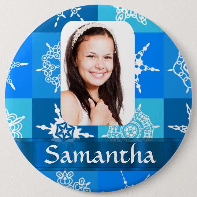 Blue snowflake photo template 6 cm round badge (Front)