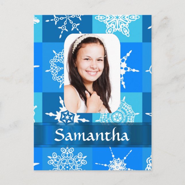 Blue snowflake photo template postcard (Front)