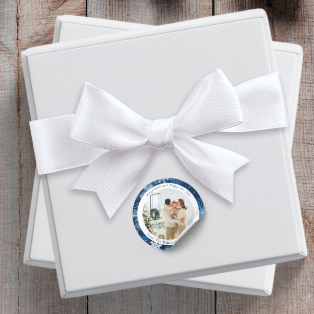 Blue Snowflake Round Christmas Photo Sticker (Creator Uploaded)