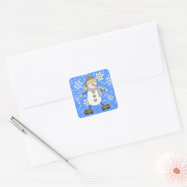 Blue Snowflake Snowman Holiday Square Sticker (Envelope)