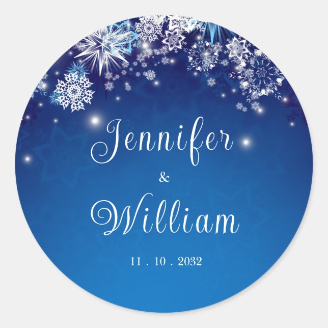 Blue Snowflake Sparkle Wedding Classic Round Sticker (Front)