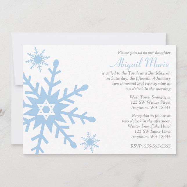 Blue Snowflake Star of David Bat Mitzvah Invitation (Front)