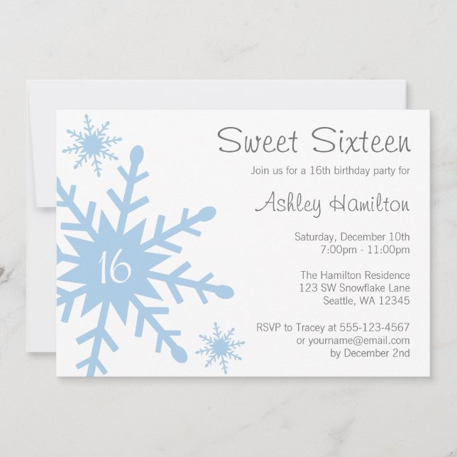 Blue Snowflake Sweet 16 Winter Birthday Invitation (Front)