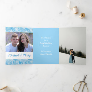 Blue Snowflake Two Photo Newlywed Holiday Trifold