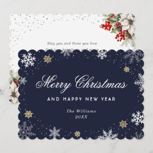 Blue Snowflake Watercolor Botanical Holiday Card