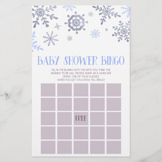 Blue Snowflake Winter Bingo Baby Shower Game Stationery (Front)