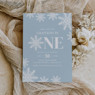 Blue Snowflake Winter Boy 1st Birthday Invitation