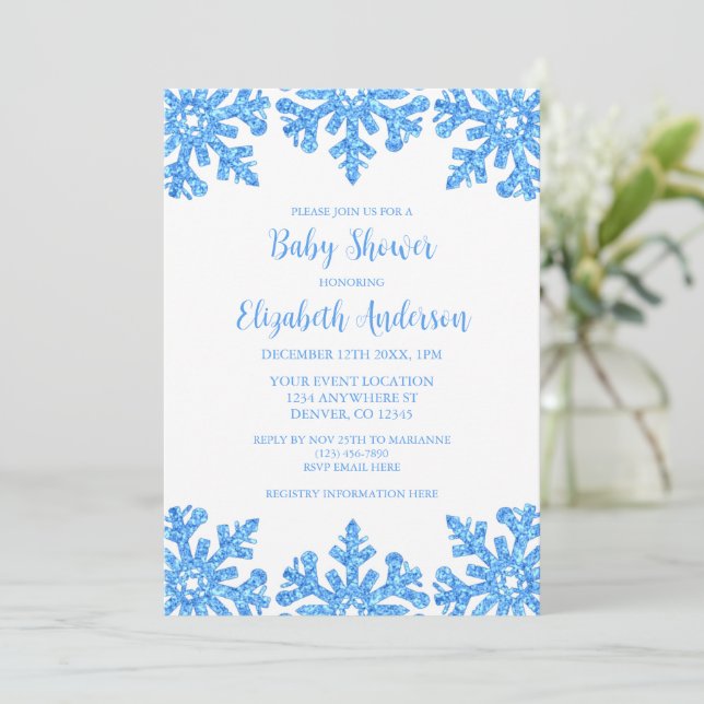 Blue Snowflake Winter Boy Baby Shower Invitation (Standing Front)
