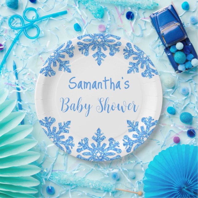 Blue Snowflake Winter Boy Baby Shower Paper Plate (Party)