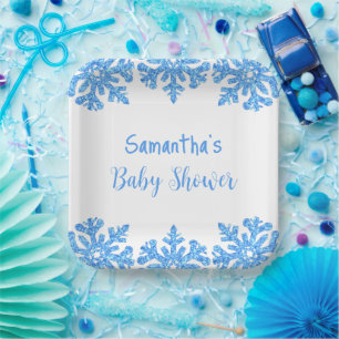 Blue Snowflake Winter Boy Baby Shower Paper Plate