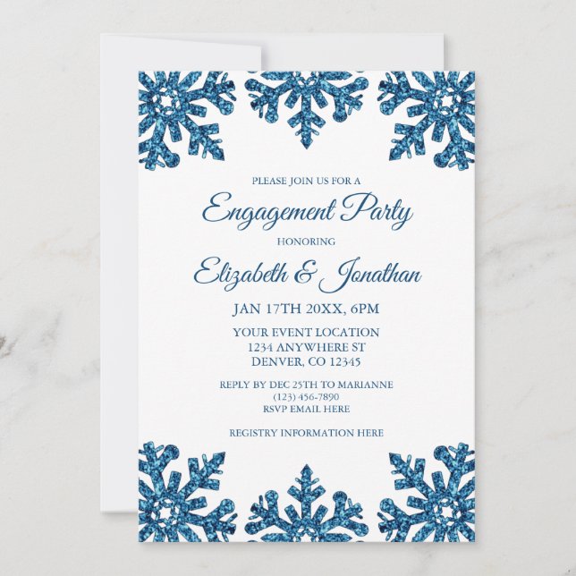 Blue Snowflake Winter Engagement Party Invitation (Front)