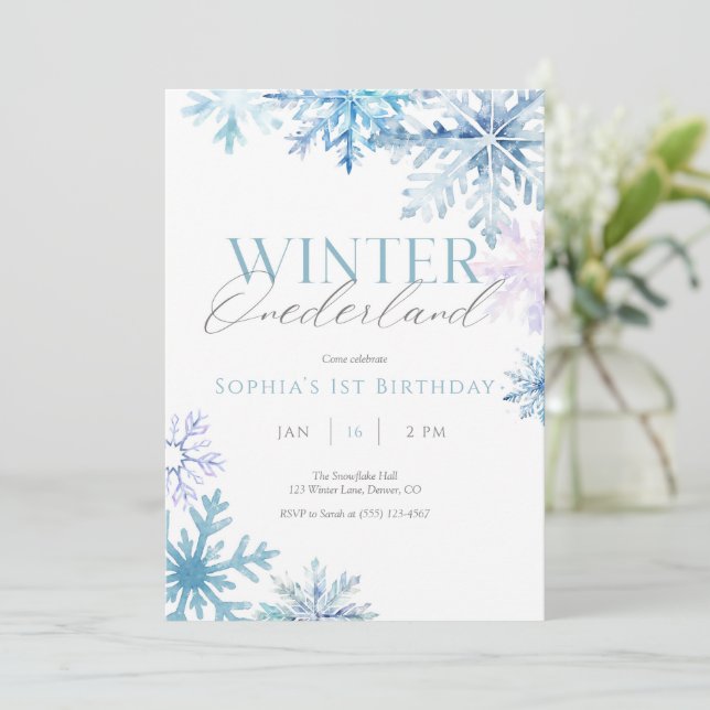 Blue Snowflake Winter Onederland Birthday Invite (Standing Front)
