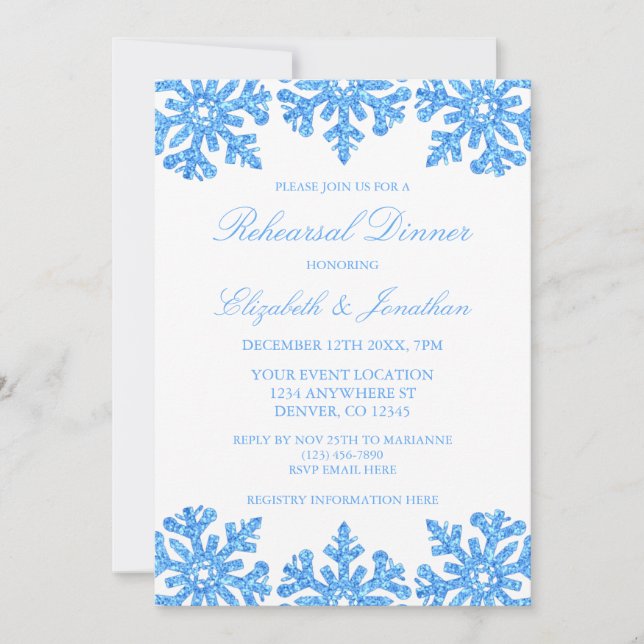 Blue Snowflake Winter Rehearsal Dinner Invitation (Front)