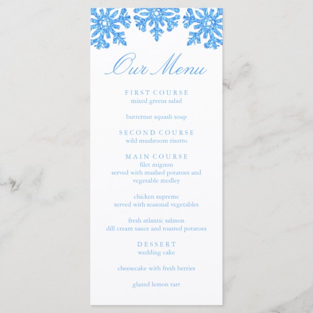 Blue Snowflake Winter Wedding Menu (Front)