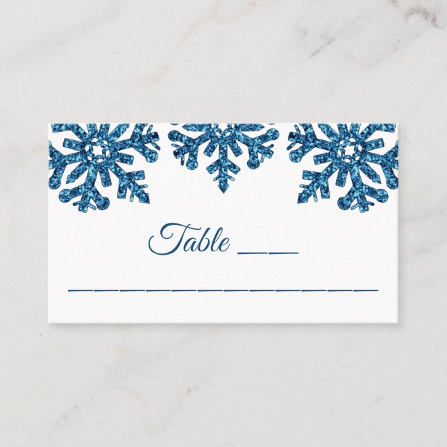 Blue Snowflake Winter Wedding Place Card (Front)