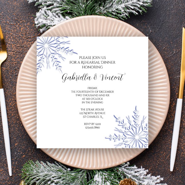 Blue Snowflake Winter Wedding Rehearsal Dinner Invitation (Creator Uploaded)