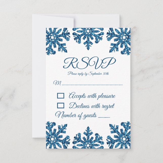 Blue Snowflake Winter Wedding RSVP Card (Front)