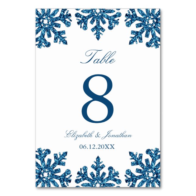 Blue Snowflake Winter Wedding Table Number (Front)