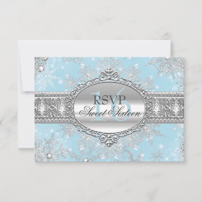 Blue Snowflake Winter Wonderland Sweet 16 RSVP (Front)