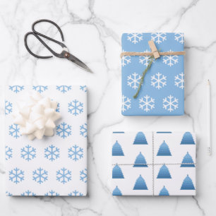 Blue Snowflakes and Christmas Tree Pattern Wrapping Paper Sheet