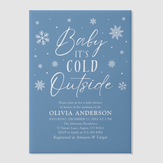 Blue Snowflakes Baby It's Cold Outside Baby Shower Vellum Invitations (Front)