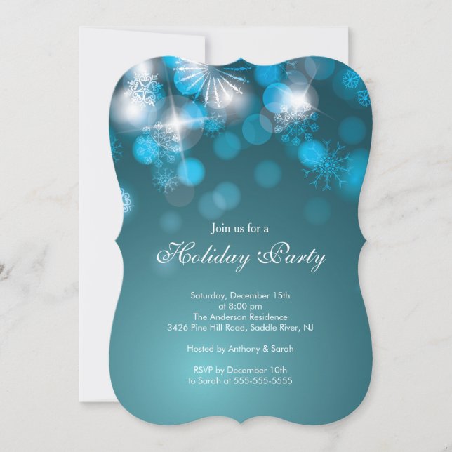 Blue Snowflakes & Bokeh Lights Holiday Invitation (Front)