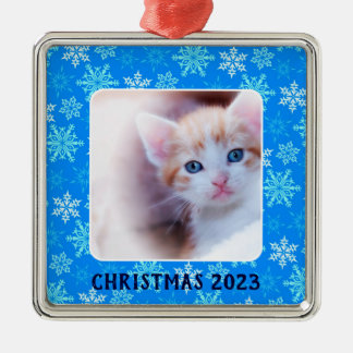 Blue Snowflakes Border Photo Metal Ornament