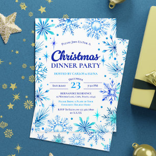 Blue Snowflakes Christmas Dinner Party Watercolor Invitation