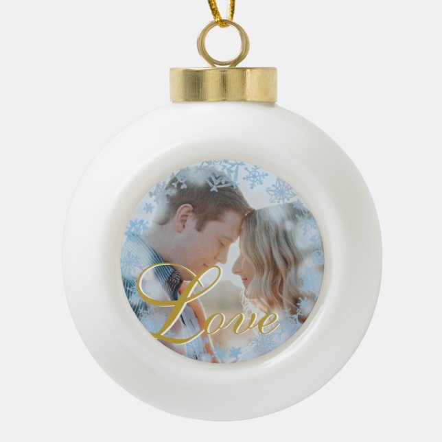 Blue Snowflakes Christmas Love Personalised Photo  Ceramic Ball Christmas Ornament (Front)