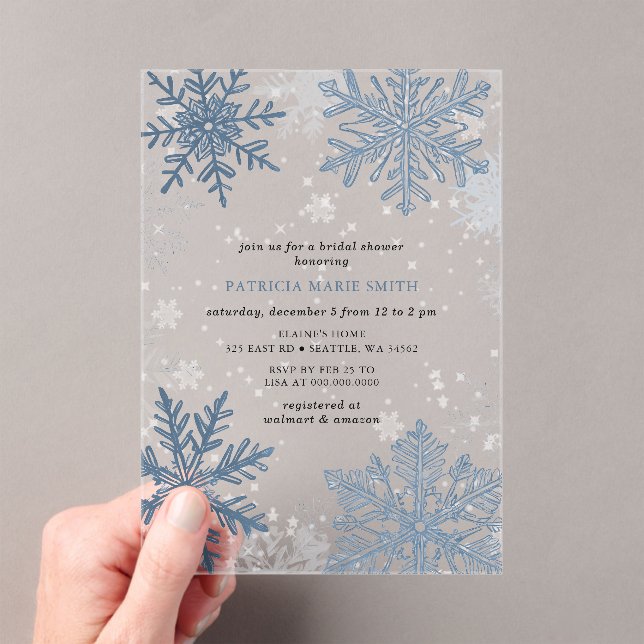 Blue Snowflakes Christmas Winter Bridal Shower Acrylic Invitations (Insitu (Handheld))