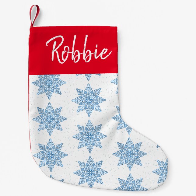 Blue Snowflakes Custom Name Christmas Stocking (Front)