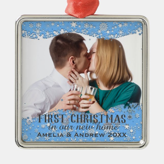 Blue Snowflakes Custom Photo Christmas in New Home Metal Ornament (Front)