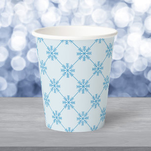 Blue Snowflakes Diagonal Square Pattern Paper Cups