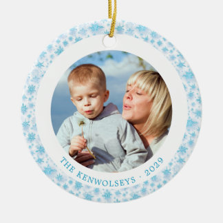 Blue Snowflakes Family Christmas 2 Photos Ceramic Ornament