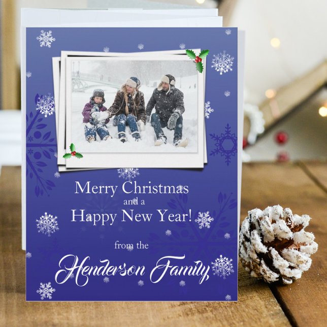 Blue Snowflakes Flat Holiday Photo Card (Blue Snowflakes Holiday Photo Card)
