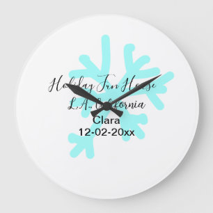 Blue snowflakes holiday camping house place date large clock