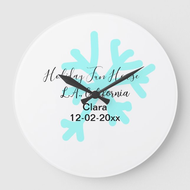 Blue snowflakes holiday camping house place date large clock (Front)