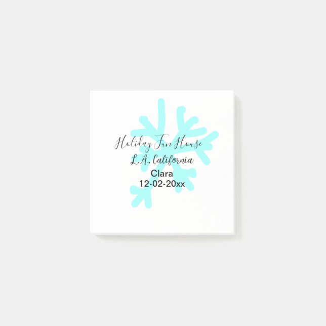 Blue snowflakes holiday camping house place date post-it notes (Front)