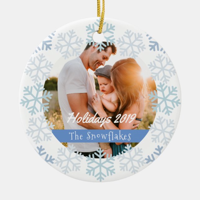 Blue Snowflakes Holidays White Ceramic Ornament (Front)